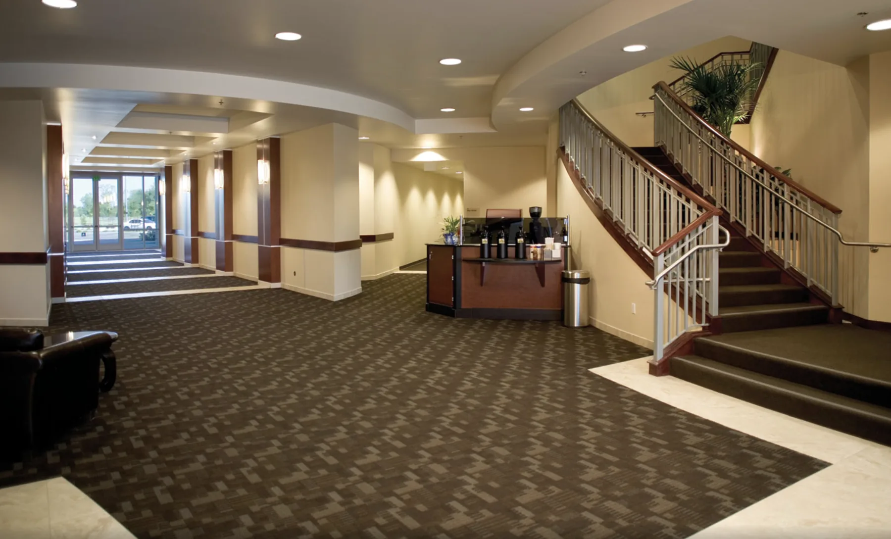 Blue Oaks Corporate Center lobby and cafe: stairs, coffee counter, and the hall to the entrance.