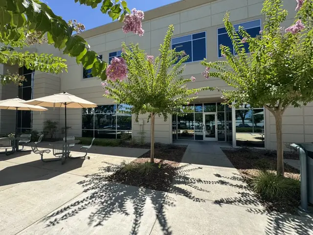 Back entrance with a patio, umbrellas and flowering trees in summer.