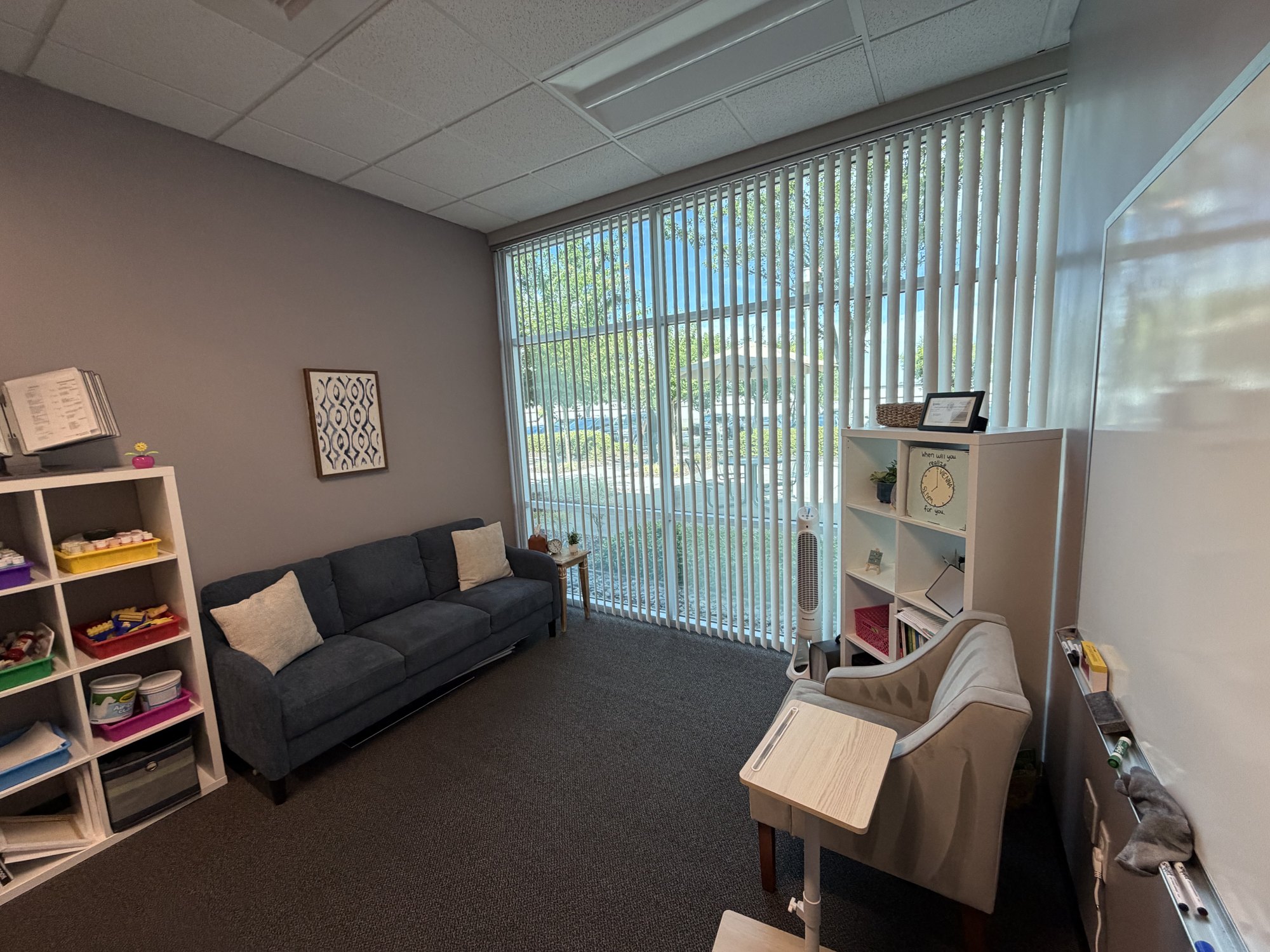 Office #1: navy sofa, grey armchair, large window, and a cubby with colorful bins.